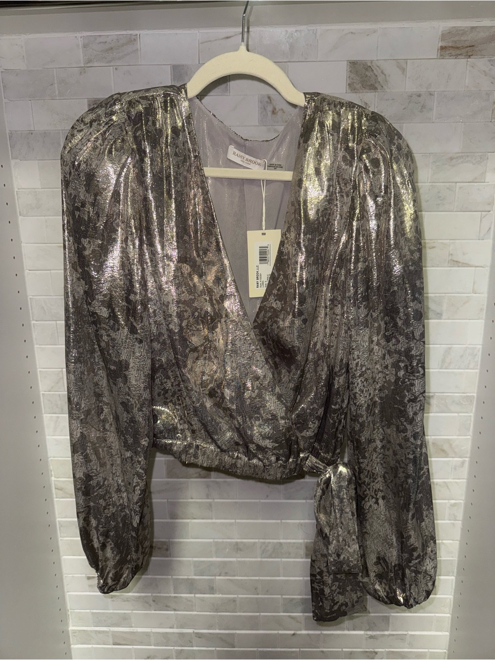 Ramy Brook Silver Metallic Wrap Crop Blouse with Puff Sleeves